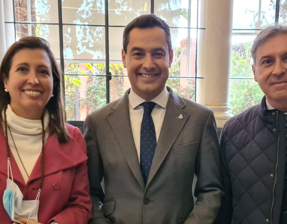 Raquel Sánchez, Ministra de Transportes, Juanma Moreno, Presidente de la Junta de Andalucía y José Feria, Presidente del Consejo Andaluz de Colegios de Administradores de Fincas